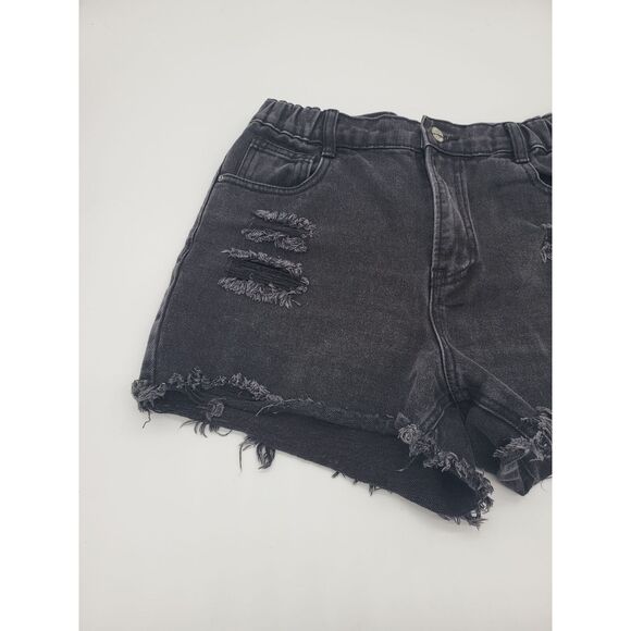 Forever 21 Denim Shorts Large Womens Black Distressed Raw Hem Elastic Waist - Picture 3 of 5
